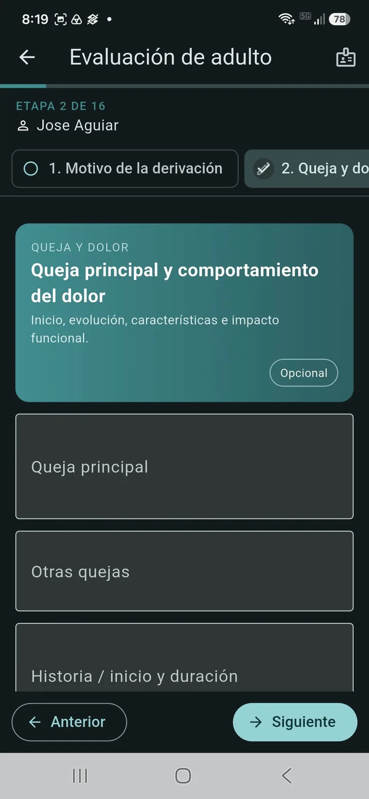 Evaluación de adulto de OsteoFlow en la etapa de queja principal y comportamiento del dolor