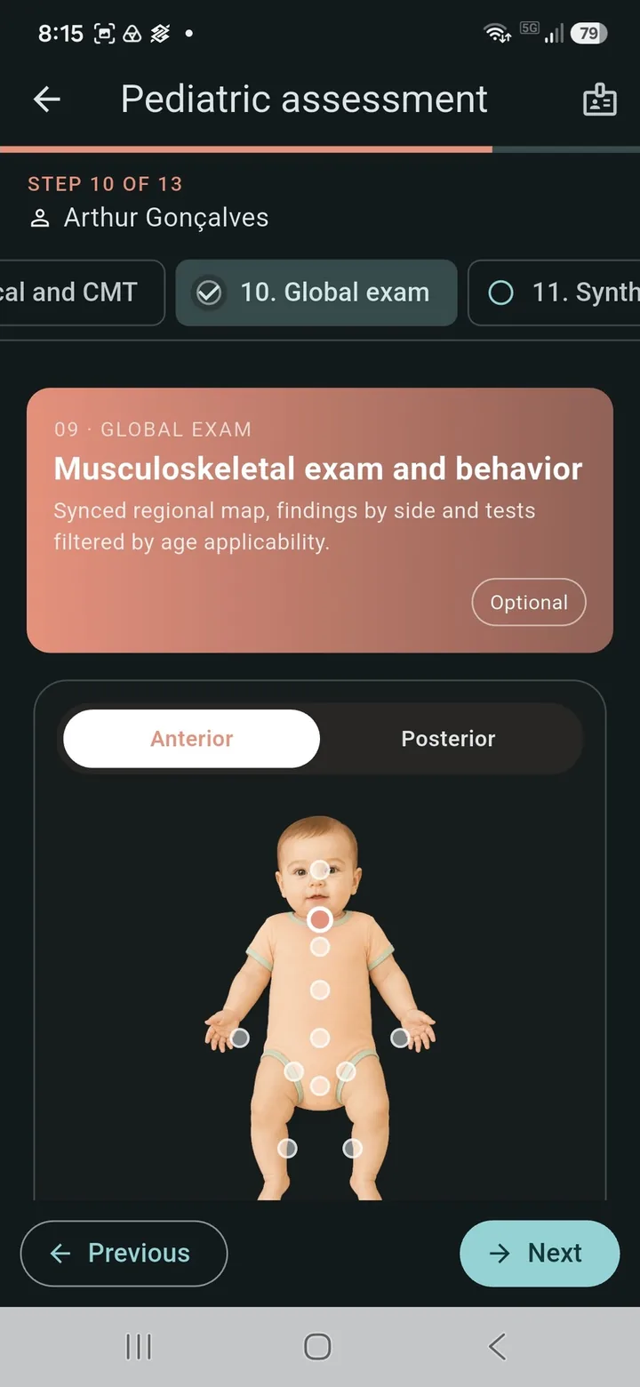 Baby musculoskeletal exam with an anterior and posterior regional map
