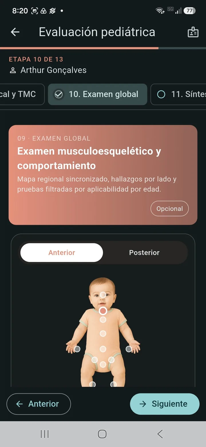 Examen musculoesquelético del bebé con mapa regional anterior y posterior