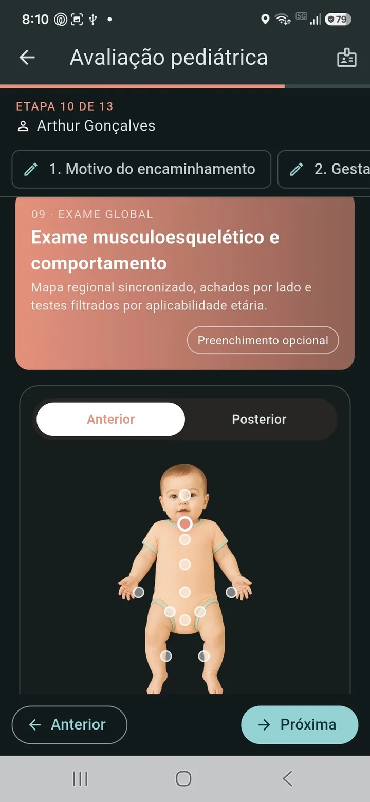 Exame musculoesquelético do bebê com mapa regional anterior e posterior