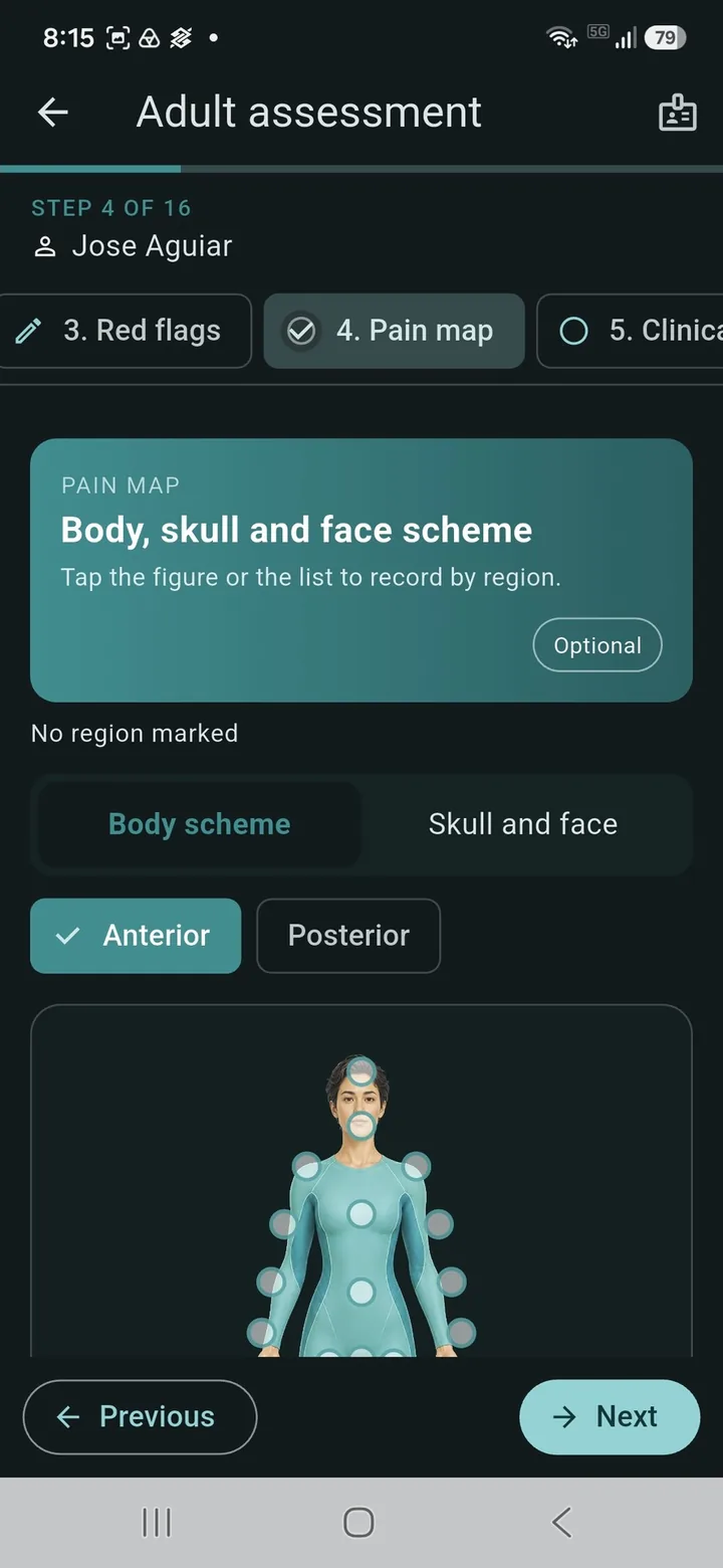 Body, skull and face pain map where each region is recorded by tapping the figure