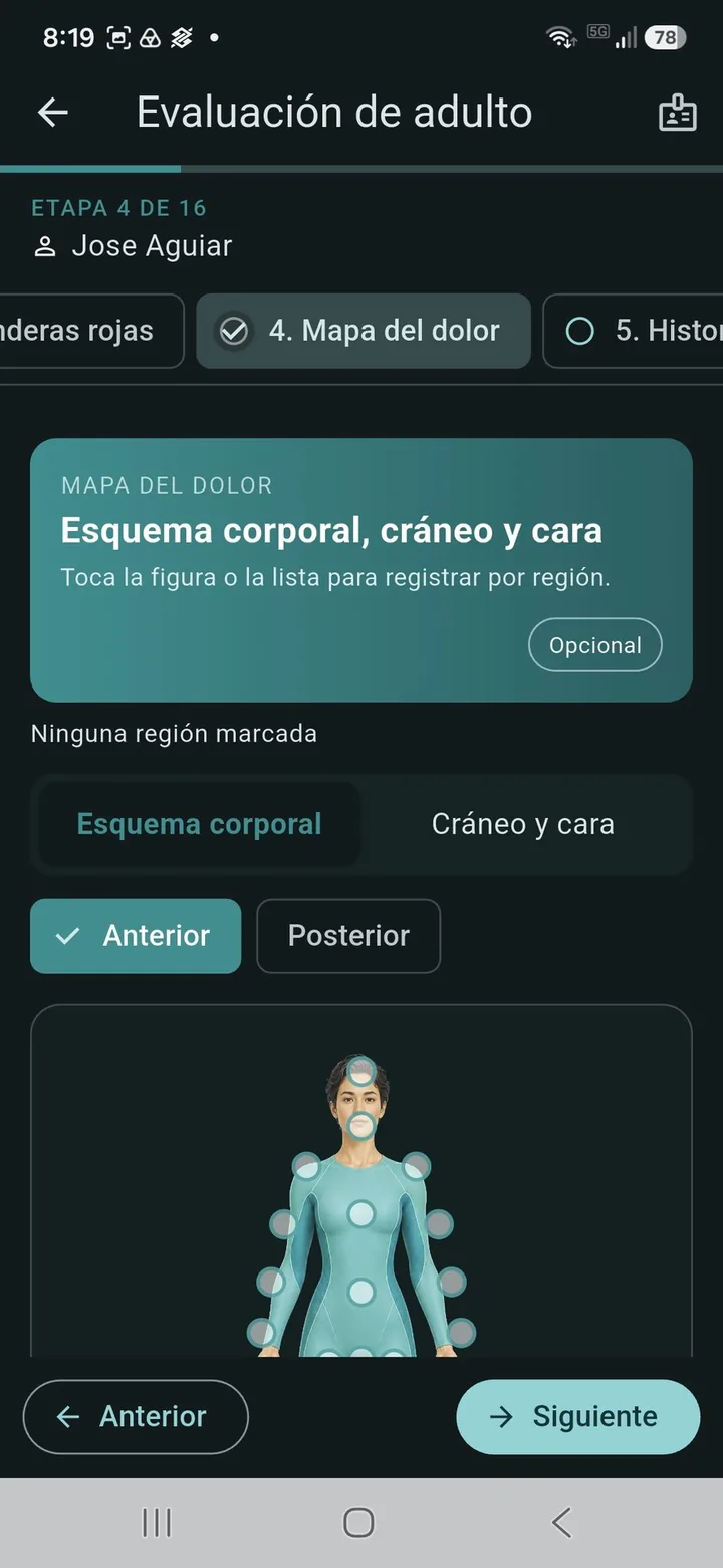Mapa del dolor corporal, de cráneo y cara donde cada región se registra tocando la figura