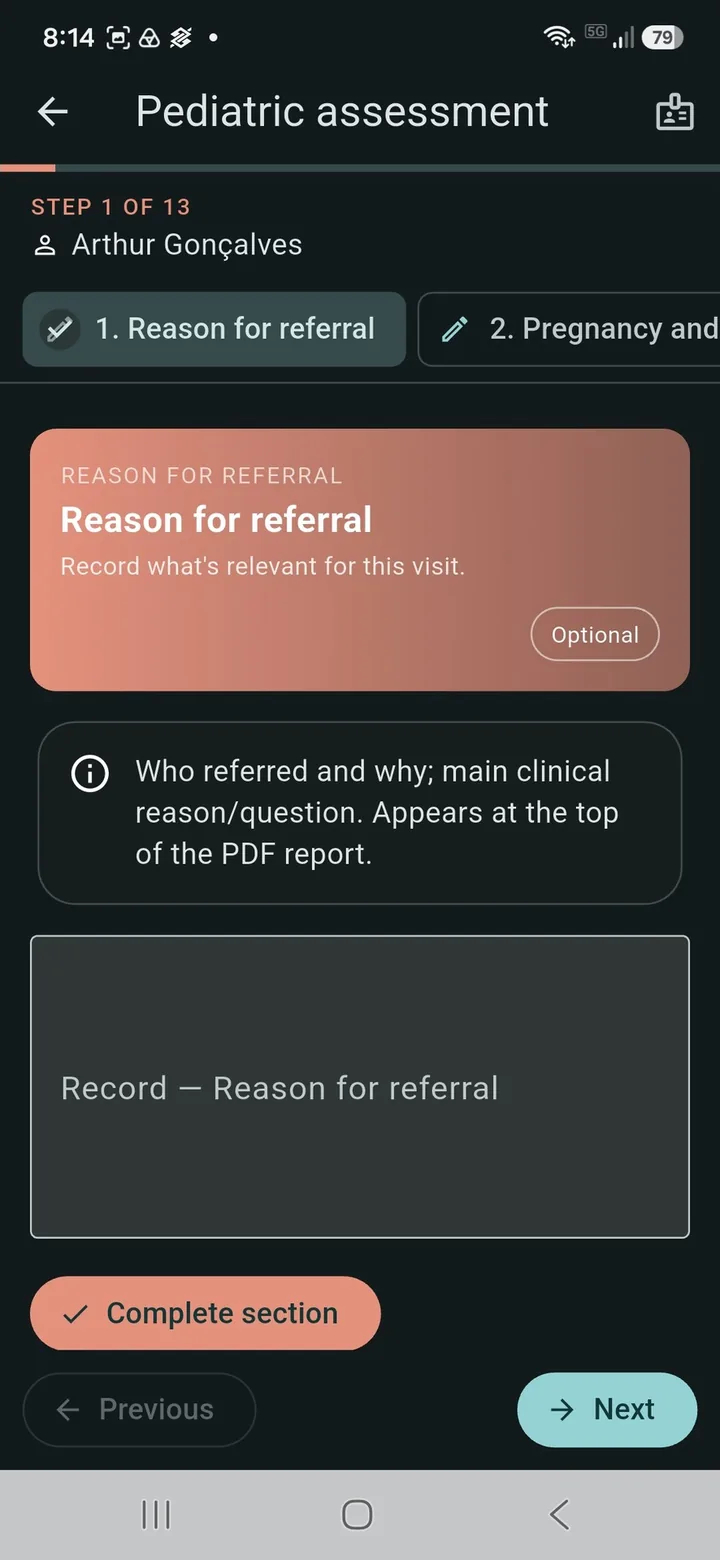 Pediatric assessment opening with the reason for referral for the baby's visit