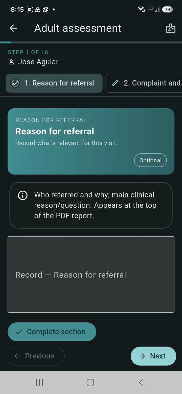 OsteoFlow adult assessment at the reason for referral step, which opens the PDF report