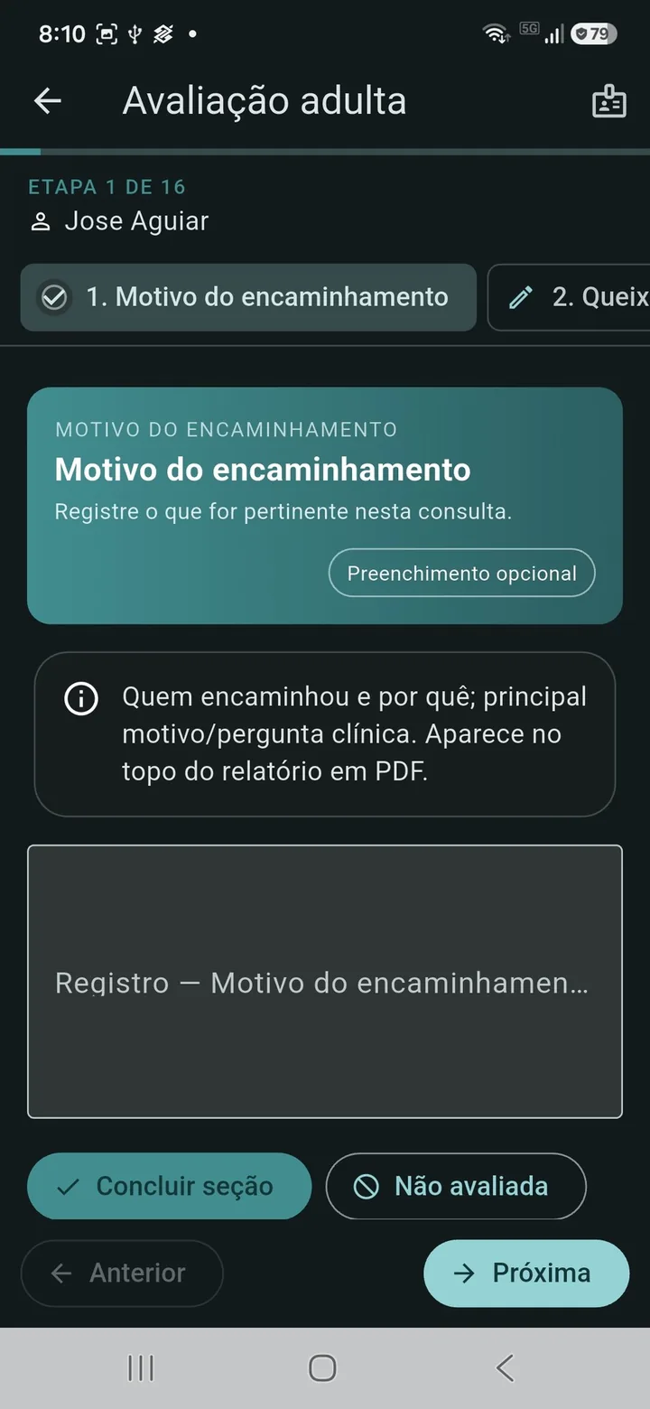 Avaliação adulta do OsteoFlow na etapa de motivo do encaminhamento, que abre o relatório em PDF
