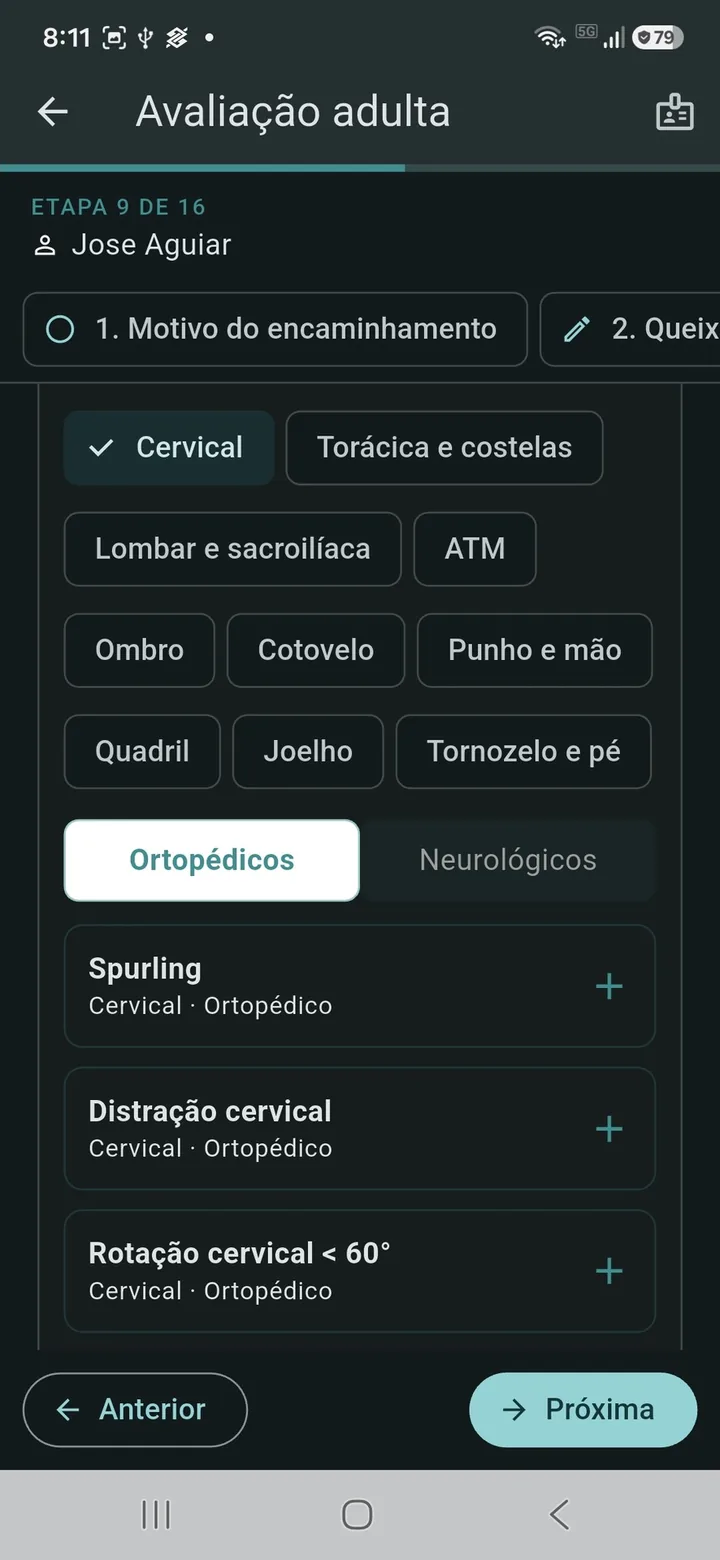 Testes ortopédicos e neurológicos filtrados por região, como cervical, ombro e joelho