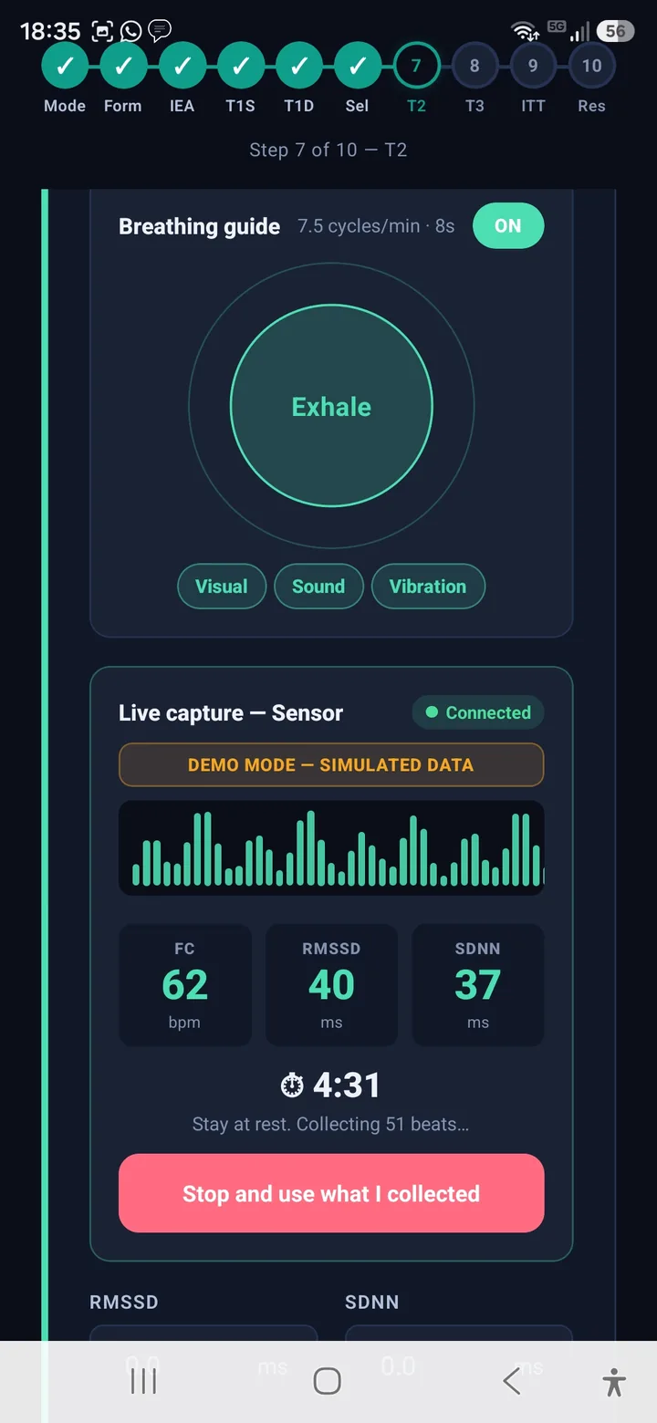 Guided breathing circle above the live sensor capture with heart rate, RMSSD and SDNN