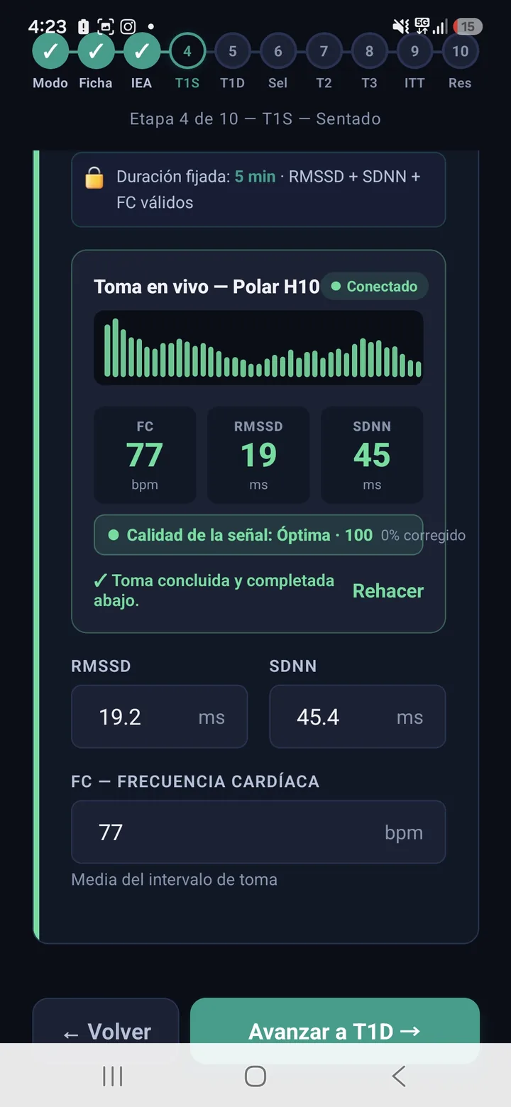 Toma en vivo con el sensor conectado, calidad de señal, frecuencia cardíaca, RMSSD y SDNN