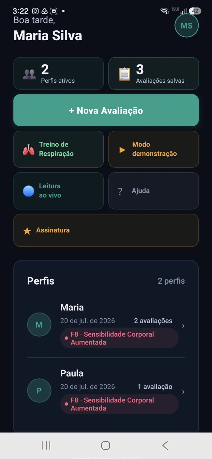 Tela inicial do Vagal Sense com perfis ativos, avaliações salvas e o botão de nova avaliação
