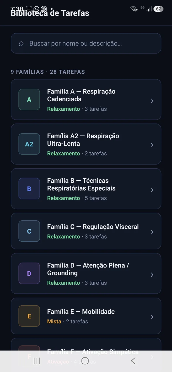 Biblioteca com nove famílias e vinte e oito tarefas de respiração, mobilidade e atenção plena