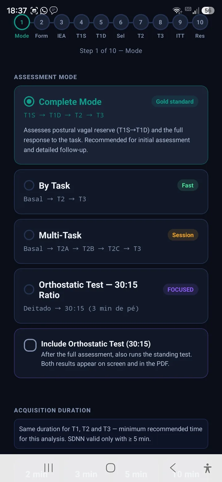 Assessment mode selection: complete, by task, multi-task and the orthostatic 30:15 test