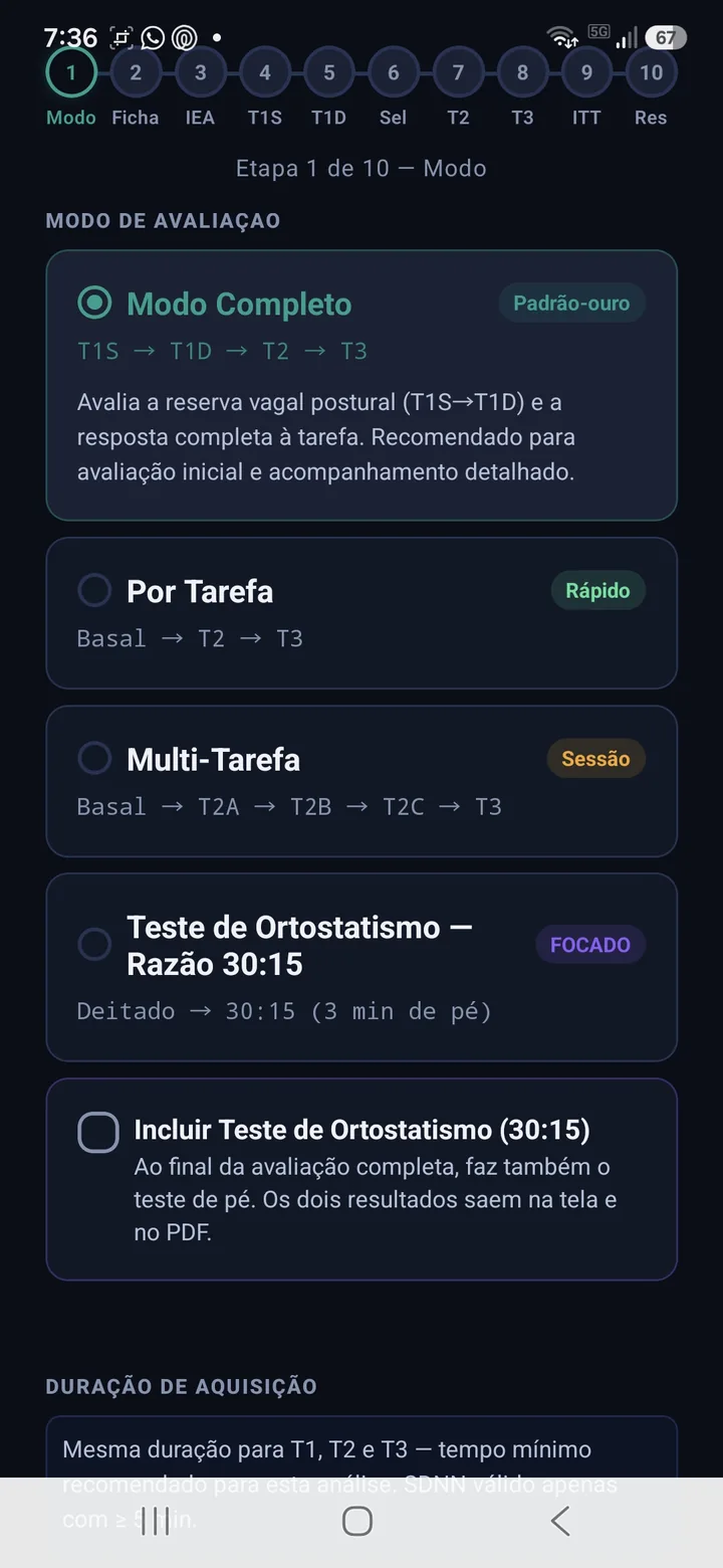 Escolha do modo de avaliação: completo, por tarefa, multi-tarefa e teste de ortostatismo 30:15
