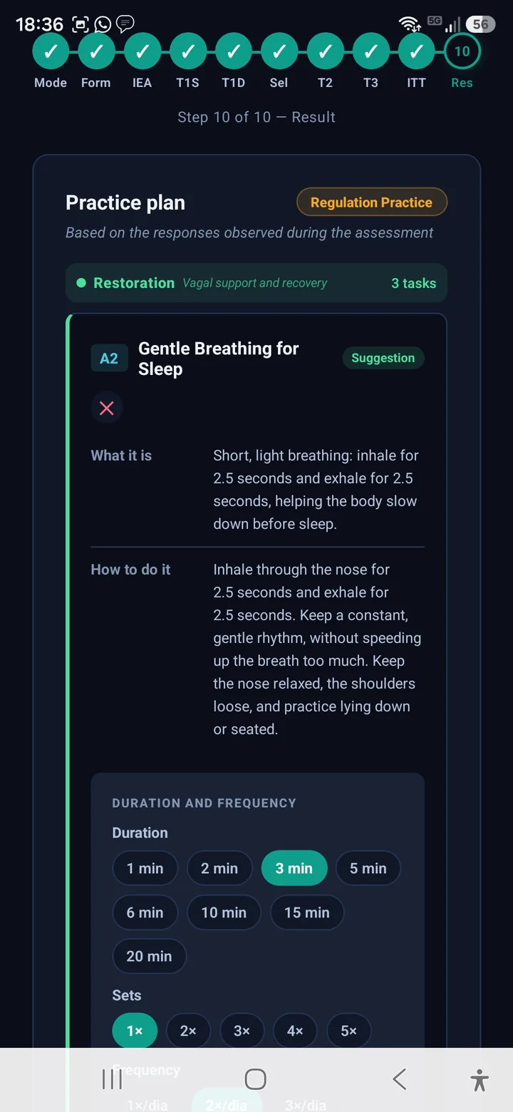 Practice plan suggested from the responses, with duration, sets and frequency