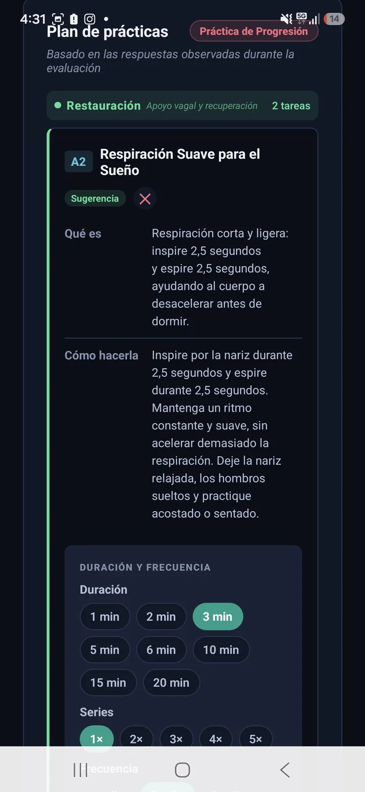 Plan de prácticas sugerido a partir de las respuestas, con duración, series y frecuencia