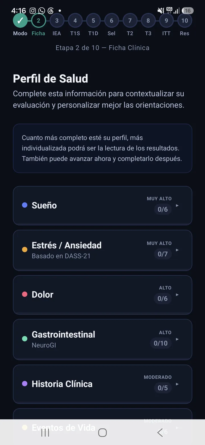 Perfil de salud con sueño, estrés, dolor, gastrointestinal e historia clínica